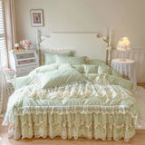 100% Cotton Flowers Lace Embroidery Ruffles Princess Weding Bedding Set Duvet Cover Quilted Bed Skirt Bedspread Pillowcases 4Pcs