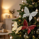 Clip-On Christmas Sequin Butterfly Ornament Flocking Finish 3D Glitter Artificial Butterfly Pendant Realistic Handmade