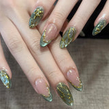 24Pcs Short Oval Pink False Nail Tips Summer Lovely Golden Flowers Retro Gradients Wearable Almond Manicure Full Cover Press Ons