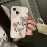 Cute 3D Silver Bowknot Phone Case For iphone 15 14 13 12 11 Pro Max Creative Fashion Simple Transparent Soft TPU Back Cover