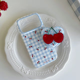 Ins Simple Cute Magnetic Cherry Lattice Pattern Blue Case with Heart Bracket for iPhone 17 16 15 Pro Max Shockproof Back Cover