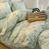 4Pcs Korean Princess Style Floral Ruffles 100% Cotton Bedding Set Queen King Size Duvet Cover Bed Sheet/Fitted Sheet Pillowcases