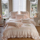 1200TC Egyptian Cotton Lace Ruffles Princess Wedding Style Pink Bedding Set Duvet Cover Flat/Fitted Bed Sheet Pillowcases 4Pcs