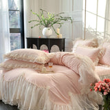 4Pcs Pink Chiffon Lace Princess Wedding Bedding Set Luxury 100% Cotton Duvet Cover Bed Sheet Or Quilted Bedspread Pillowcases