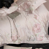 Premium 600TC Egyptian Cotton Luxury Flowers Butterfly Embroidery Pink Bedding Set Duvet Cover Flat/Fitted Sheet Pillowcase 4Pcs