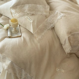 20% Linen And 80% Cotton Vintage French Lace Edge Embroidery Bedding Set Duvet Cover Set Bed Sheet/Fitted Sheet Pillowcases 4Pcs