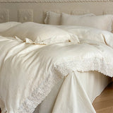 Vintage French Flowers Lace Ruffles Natural Cotton Linen Jacquard Bedding Set Duvet Cover Flat/Fitted Bed Sheet Pillowcases 4Pcs