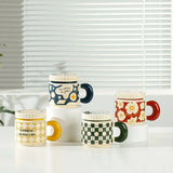 400ML Flowers Ceramic Mug with Lid Creative Checkerboard Grid Pattern Coffee Mug Home Office Breakfast Milk Cup Birthday Gift