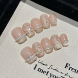 10pcs Nude Pink French False Nails Short Square Cute Press on Nails with Pearl Acrylic Fake Nails with Glue Full Cover Nail Tips