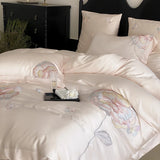 Pink Flower Embroidery Luxury Bedding Set Lyocell Soft Silky Antimicrobial Duvet Cover Flat/Fitted Bed Sheet Pillowcases 4Pcs
