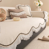 European Teddy Velvet Sofa Cushion with Lace Thick Anti Slip Couch Cover for All Seasons Irregular Hemline Furniture Protector