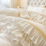 White Princess Wedding Bedding Set 100% Cotton Double Layer Lace Ruffles Duvet Cover Bed Sheet Pillowcases Solid Color Bed Sets