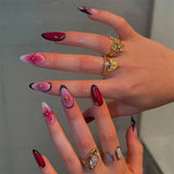 24pcs Mid-length Almond Press on Nails Sets Pearl Flower Gradient Design False Nails Tips Reusable Red Fake Nail Art Manicure