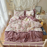 Korean French lazy style puff flower edge quilt cover four-piece set princess style dormitory three-piece set