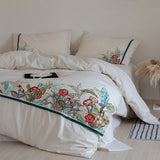 Vintage Cotton Linen Blend Bedding Set Tropical Jungle Floral Embroidery Duvet Cover Set Bed Sheet/Fitted Sheet Pillowcases 4Pcs