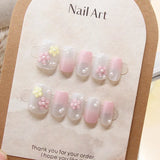 10Pcs Pink Handmade Press on Nails Full Cover Butterfly Rhinestone Design Short Ballet Sweet Flower Fruit Wearable False Nails