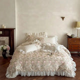 1000TC Egyptian Cotton Bedding Set Duvet Cover Flat/Fitted Bed Sheet Pillowcases, Floral Embroidery Ruffles Luxury Bed Linens