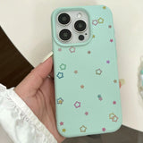 Korean INS Mint Green Little Stars Leather Texture Wrist String Phone Case for iPhone 16 15 14 13 Pro Max Back Phone Cover Capa