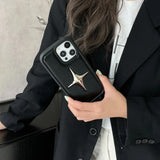 Luxury Metal Star PU Leather Phone Cover Case For iPhone 16 15 14 13 12 11 Pro Max Shockproof Protective Men Women Stylish Cases