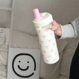 500/700ML Pink Bow Straw Water Bottle With Lid Cute Coffee Bubble Milk Tea Plastic Cup For Outdoor School Drinking Water