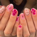 24pcs Almond Press on False Nails Art Fashion Flower Design Full Cover Nail Tips Red Short Oval Fake Nail Sets Finished Manicure