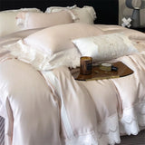 4Pcs Pink Princess Lace Edge Lyocell Eucalyptus Fiber Soft Silky Bedding Set Duvet Cover Set Bed Sheet/Fitted Sheet Pillowcases