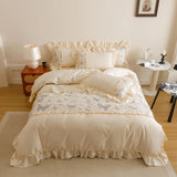 Egyptian Cotton Butterfly Embroidery Ruffles Princess Bedding Set Duvet Cover Flat/Fitted Bed Sheet Pillowcases 4Pcs