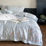 4Pcs White/Pink Luxury Butterfly Embroidery Bedding Set 1000TC Egyptian Cotton Duvet Cover Bed Sheet/Fitted Sheet Pillowcases