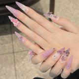 Handmade Press On Nails Full Glitter False Nails 3D Butterfly Rose Flower Decor Charming Purple Gradient Fake Nails Long Almond