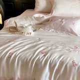 Rose Flowers Embroidery Bedding Set 800TC Lyocell Cotton Soft Silky Cool Feeling Duvet Cover Flat/Fitted Bed Sheet Pillowcases