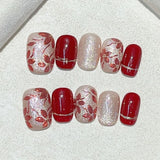 10Pcs Red Black Handmade Press on Nails Full Cover Shiny Cat Eye Flower Rose Sweet Cool French Short Ballet Wearable False Nails