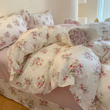 4Pcs Korean Princess Style Floral Ruffles 100% Cotton Bedding Set Queen King Size Duvet Cover Bed Sheet/Fitted Sheet Pillowcases