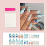 Almond Press on Fake Nails 3D Ripple Star False Nails Blue Smudge Detachable Full Cover Nails Tips 3D Shell Pearl Acrylic Nail