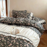 Vintage French Floral Pleated Lace Bedding Set Double Layer Crepe Yarn Pure Cotton Duvet Cover Flat/Fitted Bed Sheet Pillowcases