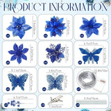 Blue Artificial Flowers Christmas Tree Decoration Glitter Star Light Berries Snowflakes Bow for Home Decor New Year Ornaments