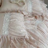 Vintage Pleated Lace Ruffles Princess Bedding Set Double Layer Yarn 100% Cotton Duvet Cover Flat/Fitted Bed Sheet Pillowcases