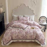 500TC Egyptian Cotton Vintage French Rose Flowers Print Ruffles Bedding Set Duvet Cover Flat/Fitted Bed Sheet Pillowcases 4Pcs