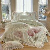 1200TC Egyptian Cotton Flowers Embroidery Lace Ruffles Princess Bedding Set Duvet Cover Flat/Fitted Bed Sheet Pillowcases 4Pcs