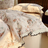 100% Brushed Cotton Bedding Set French Vintage Floral Duvet Cover Black Lace Trim Soft Pure Cotton Bed Sheet Pillowcases 4Pcs
