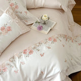 1000TC Egyptian Cotton Butterfly Flowers Embroidery Patchwork Bedding Set Duvet Cover Flat/Fitted Bed Sheet Pillowcases 4Pcs