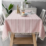 Tassel Tablecloth Pink Cotton Linen Soft Stripe Stain Resistant Dust-Proof Table Cover for Kitchen Dinning Tabletop Decoration