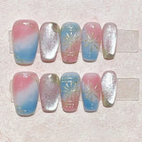 10Pcs Handmade Press on Nails Full Cover Hand drawn Cat Eye Bohemian Style leaves French Ballet Fake Nail Tips Wearable Manicure
