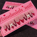 10Pcs Handmade Press on Nails Full Cover 3D Bow Ties Design Art French Pearl Camellia Almond Acrylic Fake Nail Wearable Manicure
