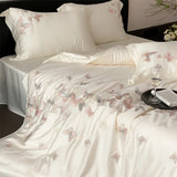 Butterfly Embroidery Luxury Bedding Set Lyocell Bamboo Fiber Soft Silky Duvet Cover Set Flat/Fitted Bed Sheet Pillowcases 4Pcs