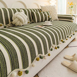 Stripe Chenier Sofa Cushion with Fur Balls Irregular Anti-Slip Sofa Cover for Living Room Cozy Wear-Resistant Couch Slipcover
