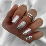 24Pcs Simple French Fake Nail with Gradient White Design Short Square Head False Nails Wearable Finished Manicure Press on Nails