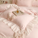 Chiffon Lace Bedding Set Pink France Romantic Princess Wedding Ruffles Bow Soft Duvet Cover Bed Sheet Pillowcases Home Textile