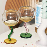 1Pc Bubble Glass Goblet, Contrasting Color Matchinging Design, Creative Curve Handle Goblet, Summer Light Luxury High-End Colorful Glass Cup, Suitable for Summer Outdoor Picnic Goblet, Restaurant Hotel Drinkware, Wedding Banq