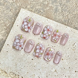 10pcs 3D Flower Handmade Press on Nails Cat Eye Pearl Glitter Sweet French Short Coffin False Nails Full Cover Wearable Manicure