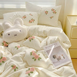 3/4Pcs Washed Cotton Skin-friendly Soft Princess Rose Towel Embroidery Flowers Bedding Set Soft Duvet Cover Bed Sheet Pillowcase